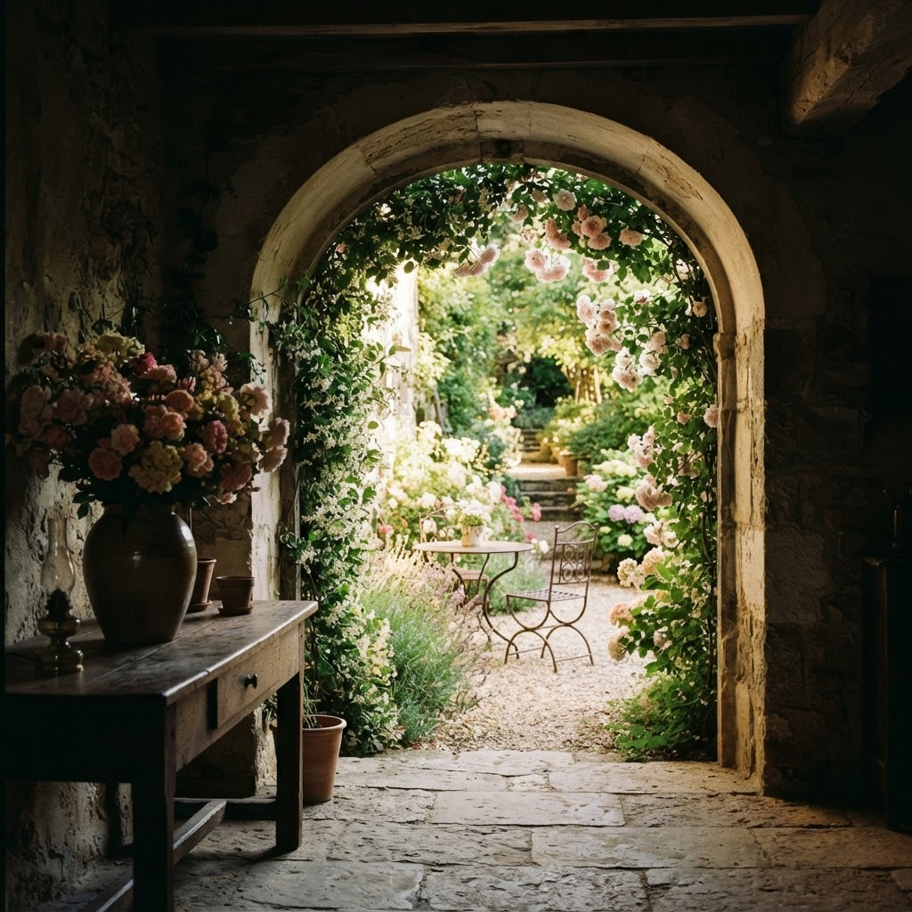 A tall arched stone doorway wreathed in pink roses, opening onto a sunlit garden terrace