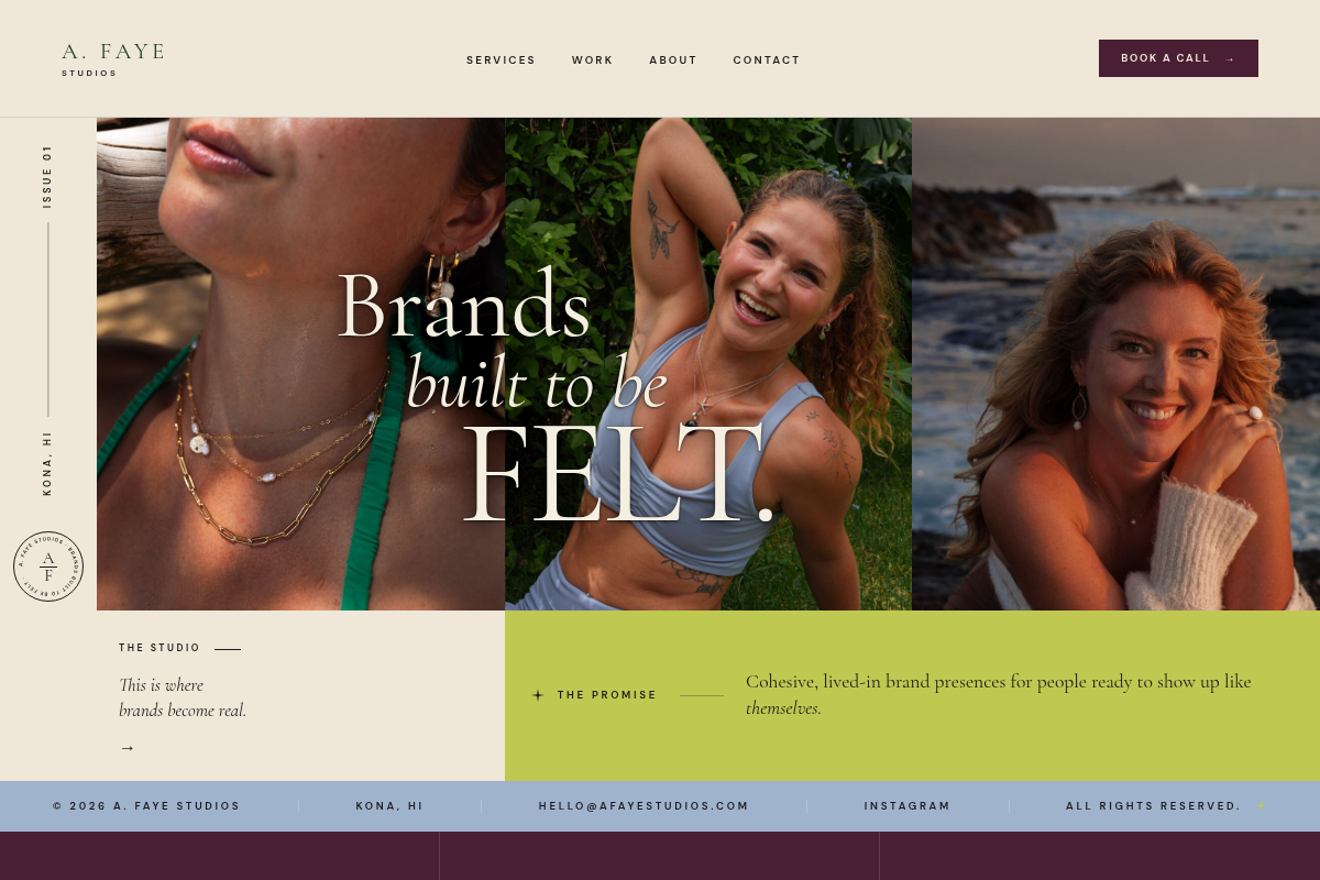 The A. Faye Studios homepage: a triptych of portrait photography behind the words “Brands built to be felt”