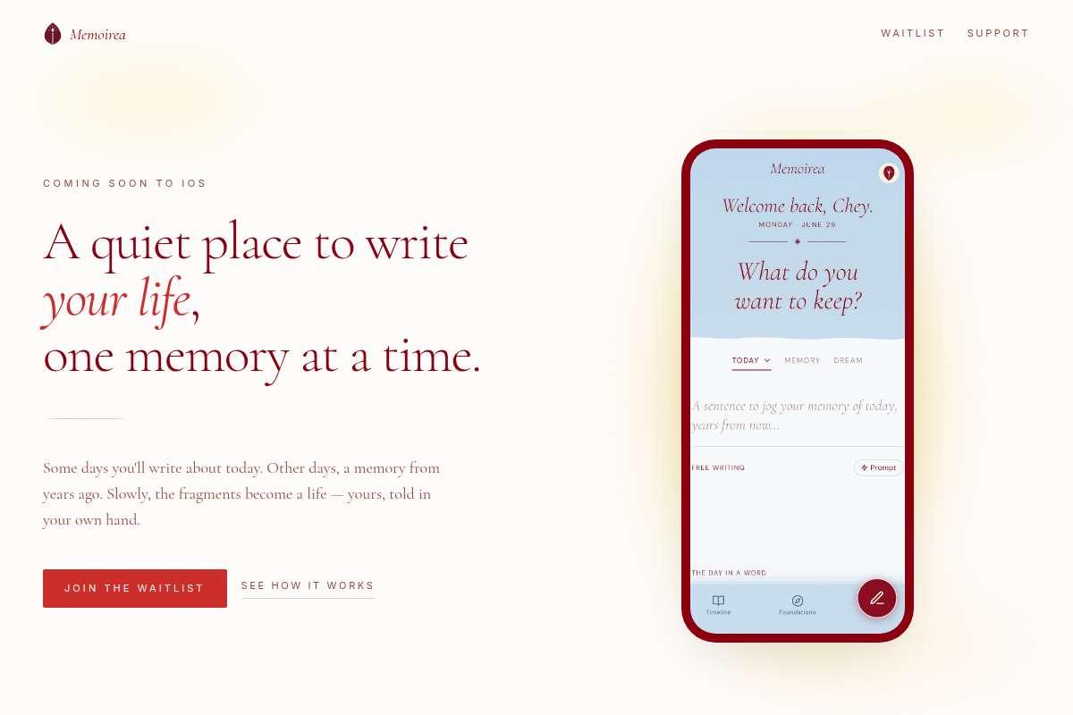 The Memoirea homepage: cream hero reading “A quiet place to write your life” beside the app’s writing screen