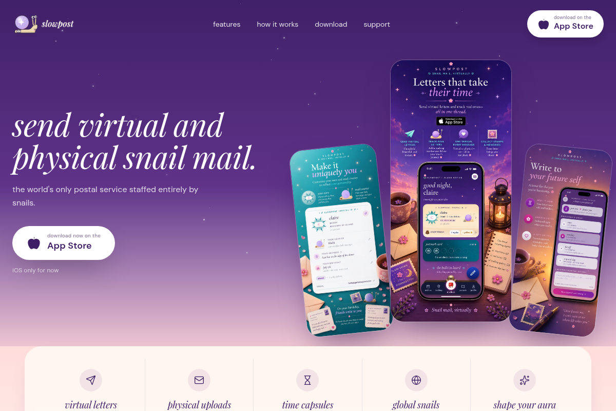 The Slowpost homepage: violet hero reading “send virtual and physical snail mail” beside screens of the app